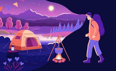 Tourist with backpack and a flashlight going on a forest road. Forest landscape with trees, bushes, flowers, road, a lake, tents, a bonfire. Concept of tourism and travel, hiking and adventure. Flat.