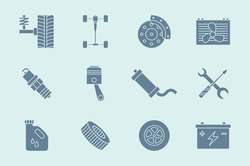 Car repair Icons set - Vector solid silhouettes of spare vehicle parts for the site or interface
