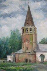 Novgorod architecture, summer landscape. realism oil painting