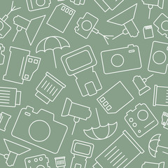 Photo equipment background - Vector seamless pattern minimal symbols of camera, flash, lens, tripod, slr and light for graphic design