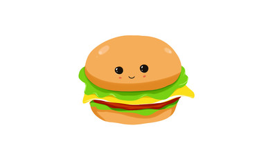 Happy smiling cute burger. Vector flat cartoon character illustration icon design. Isolated on white background. Burger fast food cafe  junk food concept