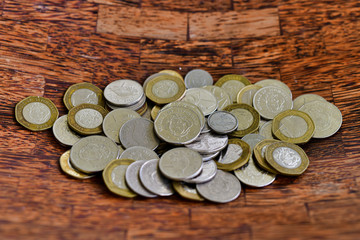 Seychelles Rupees, 2020, coins with wooden background.