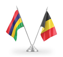 Belgium and Mauritius table flags isolated on white 3D rendering