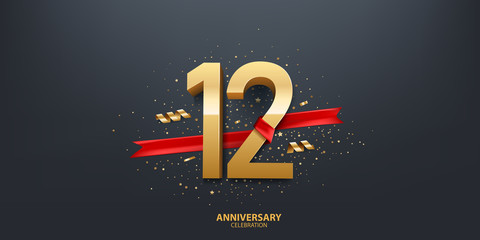 12th Year anniversary celebration background. 3D Golden number wrapped with red ribbon and confetti on black background.