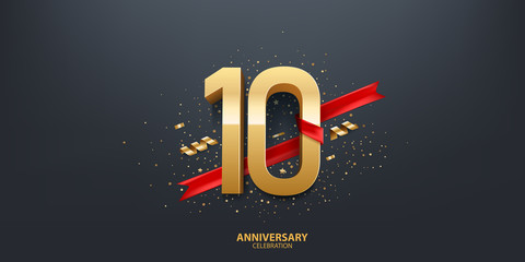 10th Year anniversary celebration background. 3D Golden number wrapped with red ribbon and confetti on black background. - obrazy, fototapety, plakaty