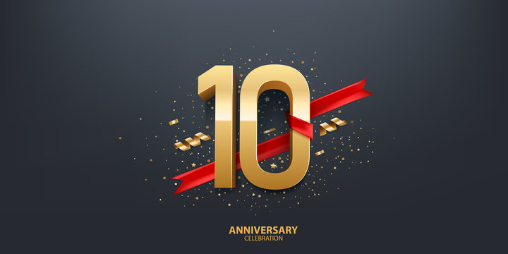 10th Year anniversary celebration background. 3D Golden number wrapped with red ribbon and confetti on black background.