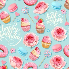 Vector seamless pattern with cupcakes and donuts