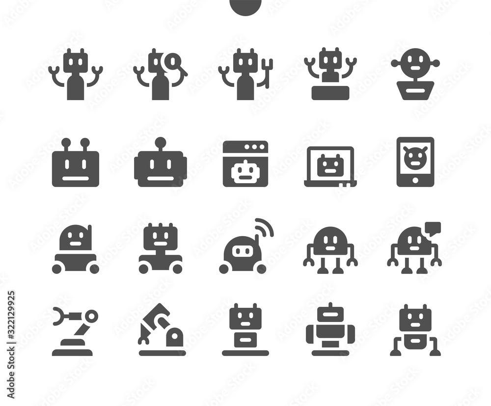 Poster robots ui pixel perfect well-crafted vector solid icons 48x48 ready for 24x24 grid for web graphics 