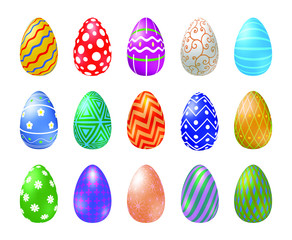 Many Easter eggs with different texture on a white background. Happy easter eggs. Spring holiday. Vector Illustration, EPS 10.