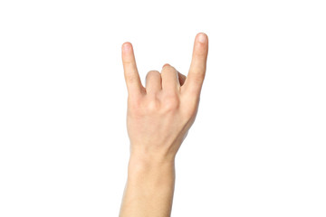 Male hand showing rock sign, isolated on white background. Gestures
