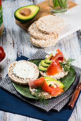 salted salmon fillet with crispbread and avocado. Aromatic herbs, spices and vegetables - healthy food, diet concept. cherry tomato. superfood, open sandwich, smorrebrod. breakfast concept