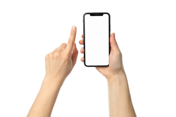 Female hands holding phone with empty screen, isolated on white background