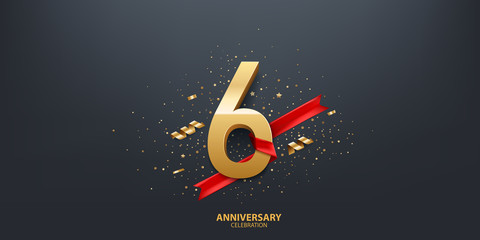 6th Year anniversary celebration background. 3D Golden number wrapped with red ribbon and confetti on black background. - obrazy, fototapety, plakaty