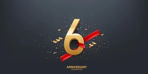 Fotobehang 6th Year anniversary celebration background. 3D Golden number wrapped with red ribbon and confetti on black background. © alex83m