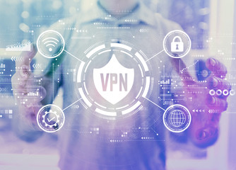 VPN concept with young man holding his hands