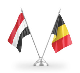 Belgium and Yemen table flags isolated on white 3D rendering