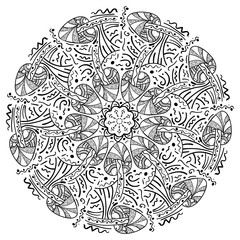 Fototapeta premium Abstract Monochrome. A traditional Indian symbol. Decorative round ornament. Oriental pattern, Arabesque Vector Coloring page, Coloring book. Contour.
