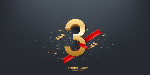 3rd Year anniversary celebration background. 3D Golden number wrapped with red ribbon and confetti on black background.