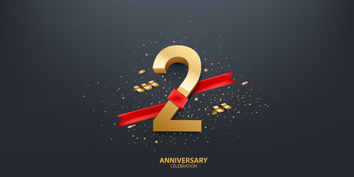 2nd Year anniversary celebration background. 3D Golden number wrapped with red ribbon and confetti on black background.