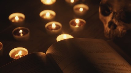 Altar with magical grimoire closeup photo