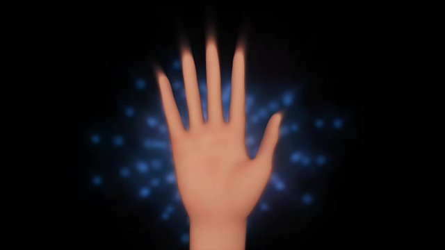 Human hand surrounded by glowiing aura energy particles. 3d animation render