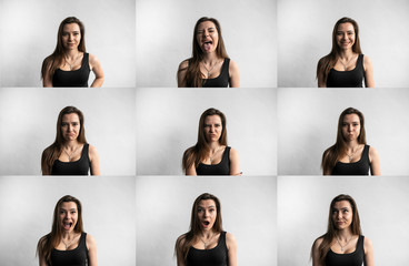 Set of young woman's portraits with different emotions. Young beautiful cute girl showing different...