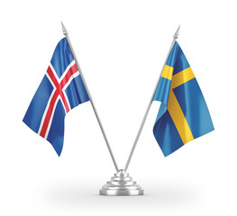 Sweden and Iceland table flags isolated on white 3D rendering