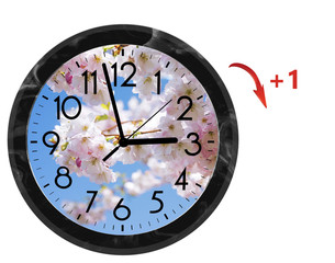 Naklejka na ściany i meble Daylight Saving Time (DST). Wall Clock going to summer time (+1). Turn time forward.