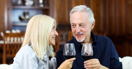 Mature couple toasting wine glasses to celebrate a special occasion