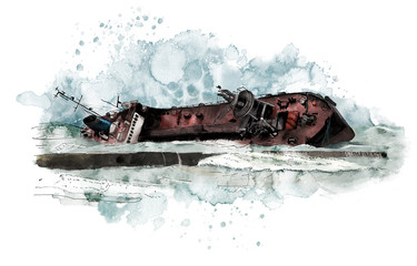 Watercolor Seascape with old wrecked tanker ship. Watercolor modern illustration