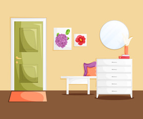 Vector interior of home hallway with decoration in flat cartoon style. Template of entrance of house with green door, mirror, white wooden furniture, pillows,books and dry flowers. Cozy home concept