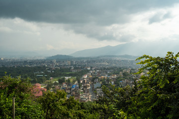 Panorama of Kathmandu, Nepal, with the height of the hill temple complex of Swayambhunath.