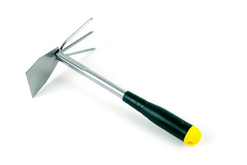 Metal garden tool with rakes and hoe