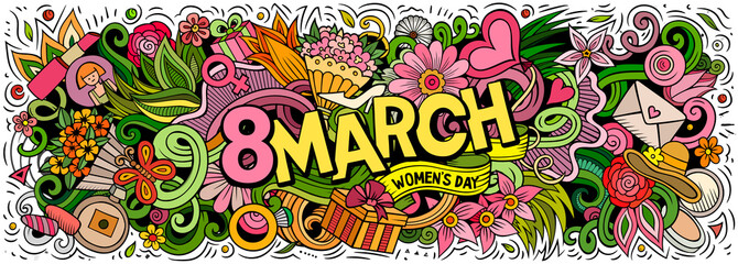 8 March hand drawn cartoon doodles illustration. Colorful vector banner