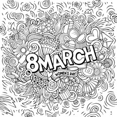 8 March hand drawn cartoon doodles illustration. Funny holiday design.