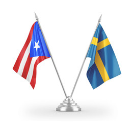 Sweden and Puerto Rico table flags isolated on white 3D rendering