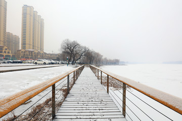 Wooden trestle in snow