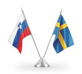 Sweden and Slovenia table flags isolated on white 3D rendering