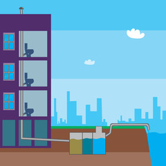 A sewerage filtering and draining of water for reuse, a vector stock illustration with a toilet and urban communication and an eco-friendly pipline