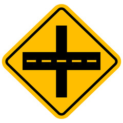 Crossroad warning sign. Yellow background. Way to all drivers.