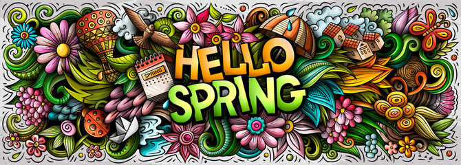 Hello Spring hand drawn cartoon doodles illustration. Colorful vector banner