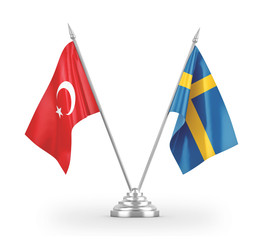 Sweden and Turkey table flags isolated on white 3D rendering