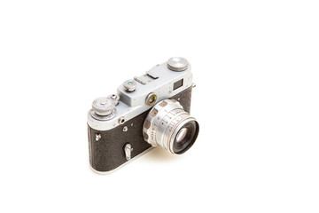 Vintage and retro camera (side view) isolated in white