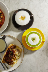 Grilled meat and cheese sandwich with potage and risotto 