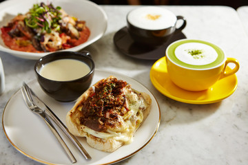 Grilled meat and cheese sandwich with potage and risotto 