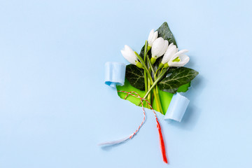 Torn paper with Snowdrop (Galanthus nivalis) flowers with white and red stripe.  8 March, Woman day...