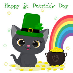 Postcard to the day of St. Patrick. Cute gray kitten in a green hat of leprechaun sitting, bowler with gold coins, rainbow. Cartoon style, flat design. Vector illustration