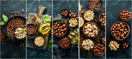 Collage. Black background of nuts. Assortment of nuts.