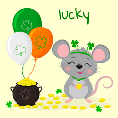 Postcard to the day of St. Patrick. A cute gray mouse in a rim with clover stands and holds a coin in its paws, a pot of gold coins, three balls. Cartoon style, flat design. Vector illustration