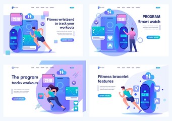 Set 2D Flat Use the mobile app to track your workouts. Athletes use fitness bracelets. For Landing page concepts and web design